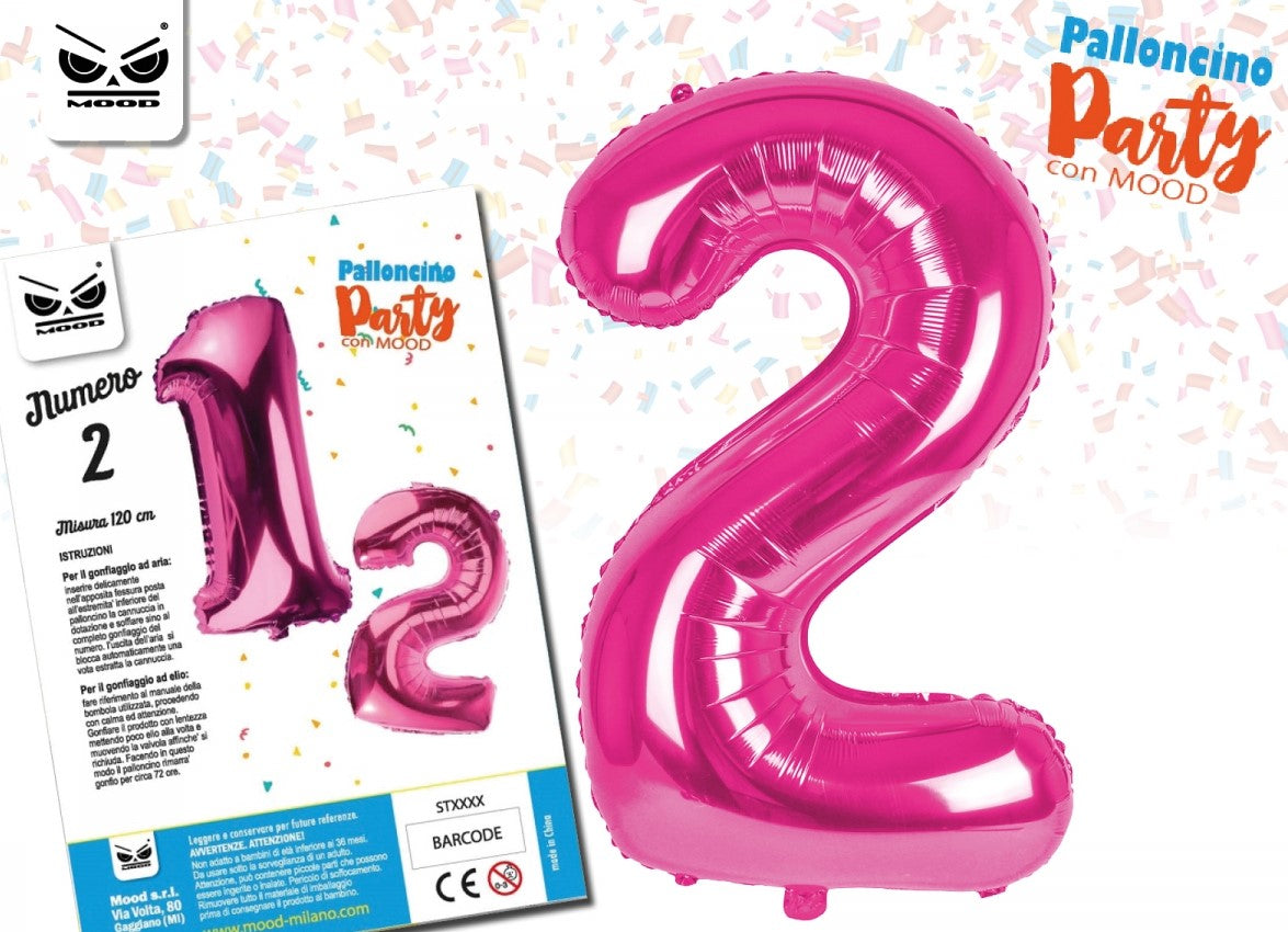 METAL BALLOON "2"FUXIA O AZZURRO 120 CM