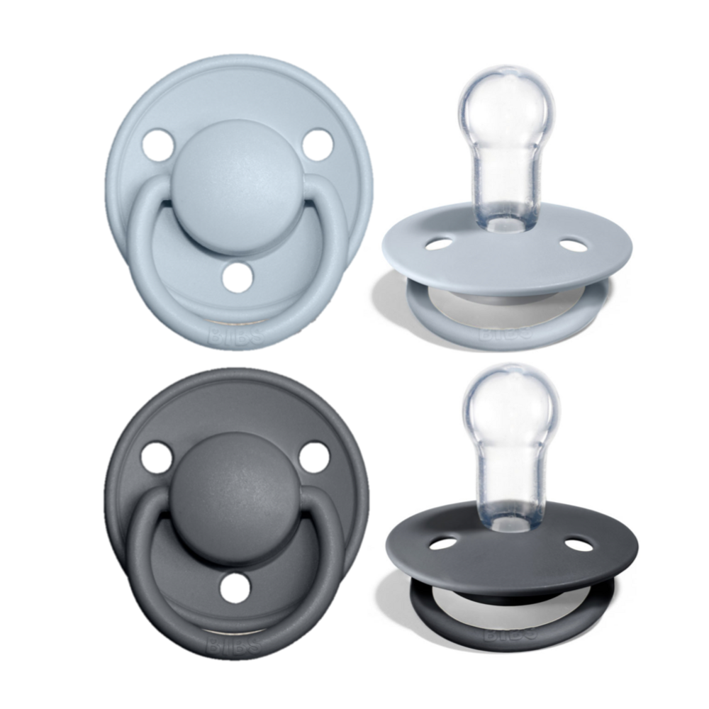 CONF. 2 SUCCHIETTI BIBS GRIGIO E CELESTE SILICONE CILIEGIA
